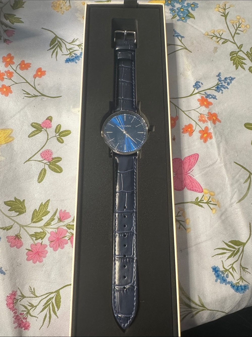 Men's Navy Blue Leather Strap Dress Watch with Sunray Dial